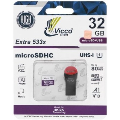 کارت حافظه microSDHC ویکومن مدل Extre533X کلاس ۱۰ استاندارد UHS-I U1 سرعت ۸۰MB/s ظرفیت ۳۲گیگابایت همراه کارت خوان